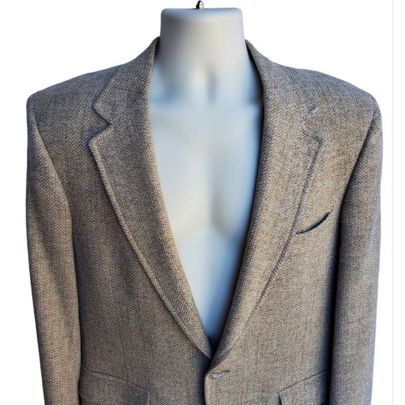 1980's Hastings Tan Herringbone 2 Button Wool Sport Coat Dress Jacket Cosplay L - Picture 2 of 5